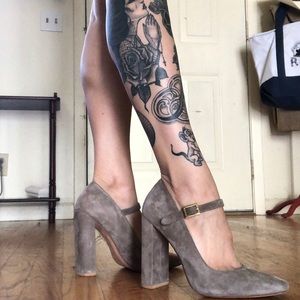 Suede Square Heel/Toe Mary Jane Straps